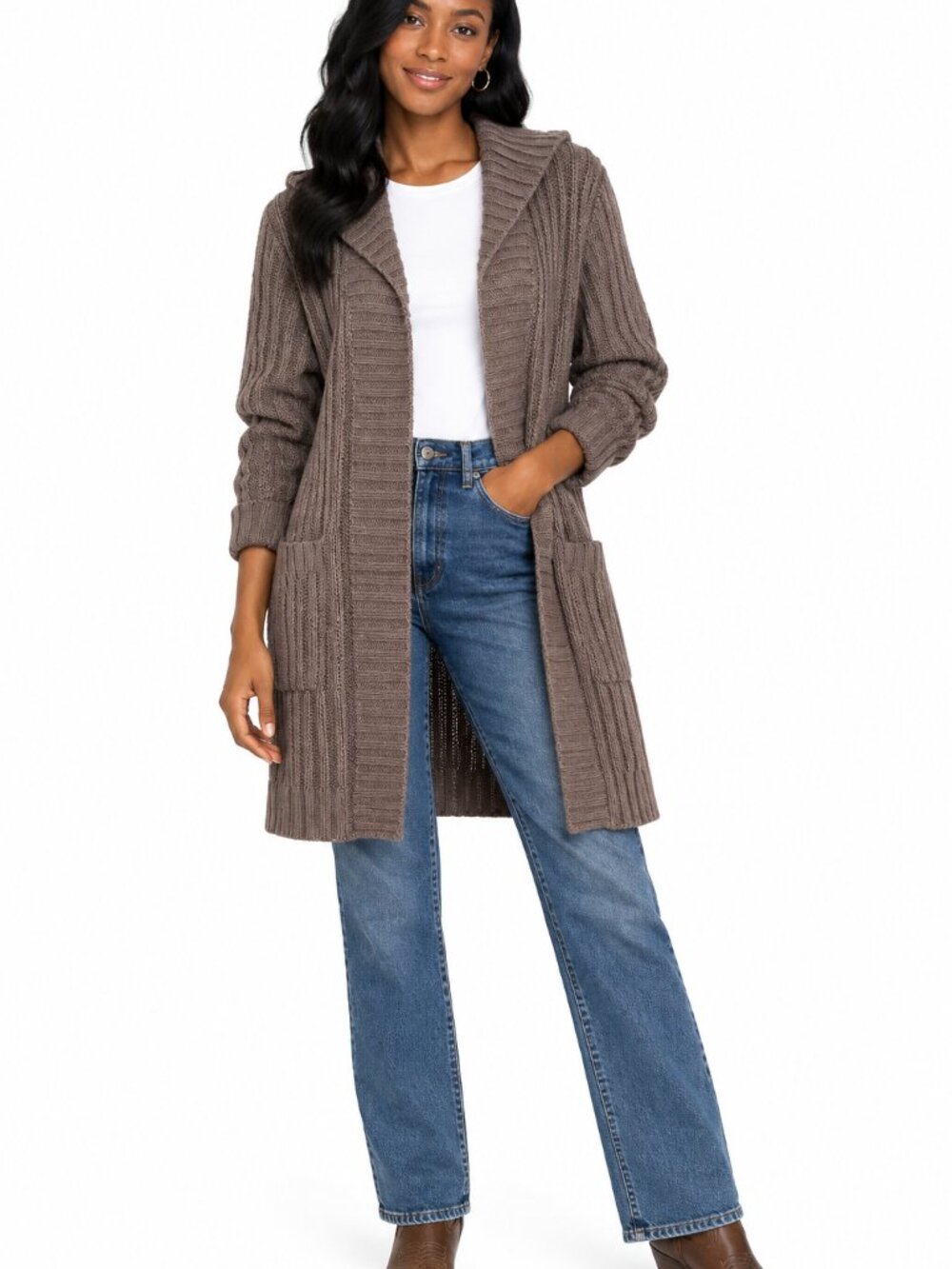 Sweater...3 Hook front closure...Long Brown Hooded Ribbed Cardigan Sweater